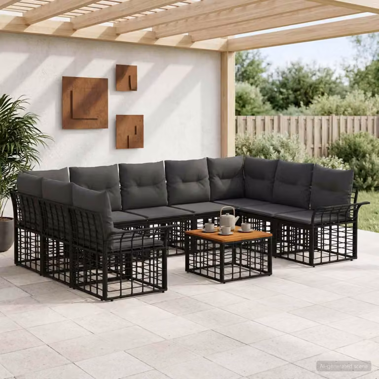 Set di divani da esterno vidaXL 10 pezzi a forma di L con tavolino, colore nero e grigio, struttura in metallo e tessuto resistente con cuscini inclusi