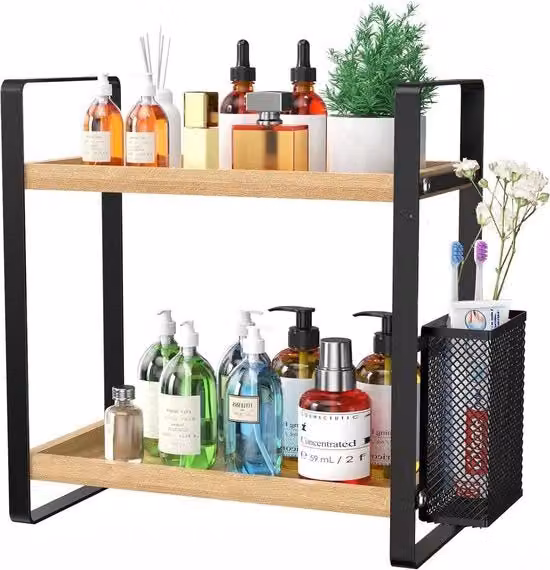 Organizzatore per profumi e trucchi a due livelli in legno e metallo nero, ideale per bagno o comodino