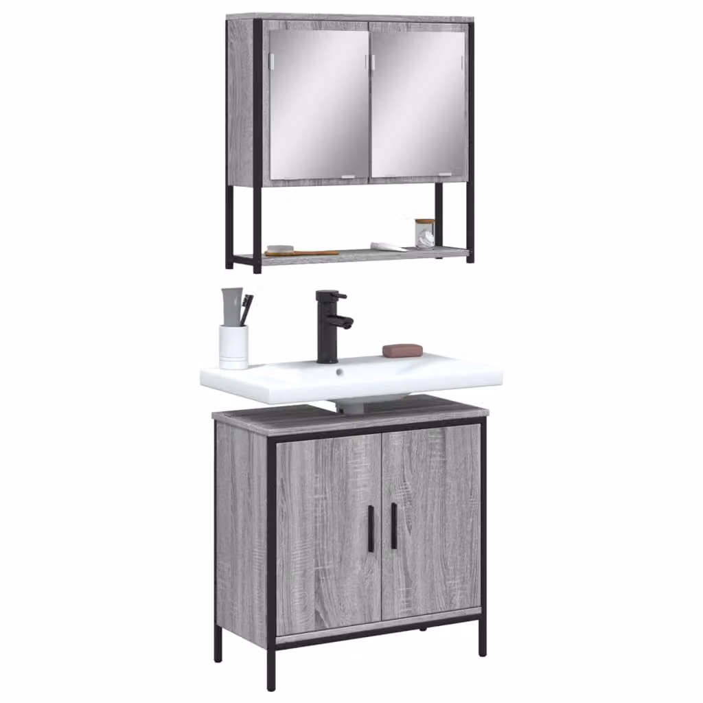 Set di mobili da bagno vidaXL composto da mobile lavabo e pensile con specchio, colore grigio, design moderno a parete