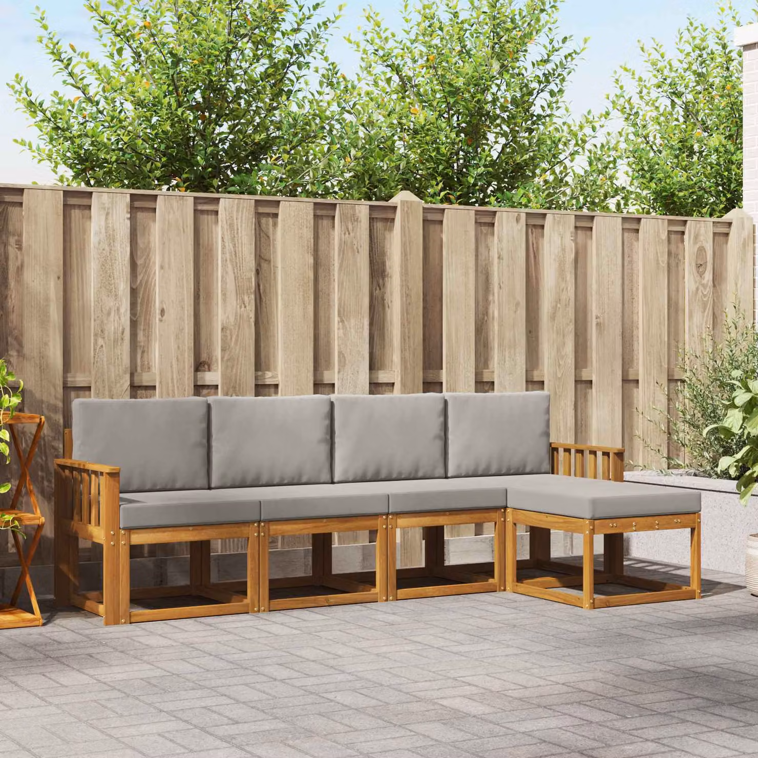 Set di divani da esterno vidaXL a forma di L in legno di acacia con cuscini, 5 pezzi, Grigio e Marrone