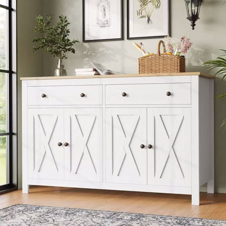 Cassettiera AIORBER, con 2 cassetti e 3 livelli, con vano portaoggetti, con maniglie in alluminio, mobile da cucina, 140×40×89 cm, design antiribaltamento, per soggiorno, cucina, bianco