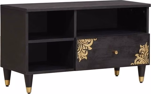 Mobile TV moderno rettangolare con cassetto e ripiano 80 x 33 x 46 cm in legno di mango nero 02_0057894