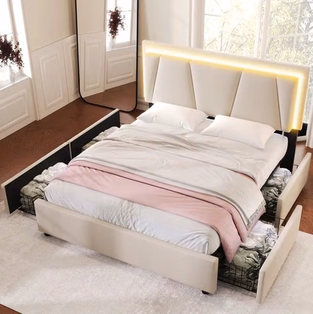 Letto matrimoniale beige 160x200 cm con testiera regolabile, illuminazione LED e 4 cassetti contenitori