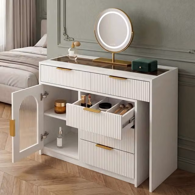 Toeletta Hollywood Mivray con piano scorrevole estensibile, specchio LED a 3 modalità e finitura bianca lucida in vetro temperato e MDF