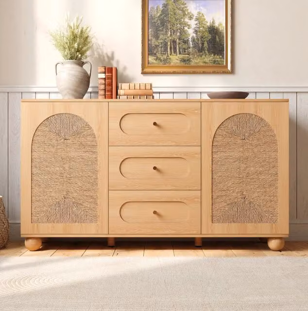 Credenza 140x40x80 cm in MDF e pannelli, naturale, 2 ante e 3 cassetti -