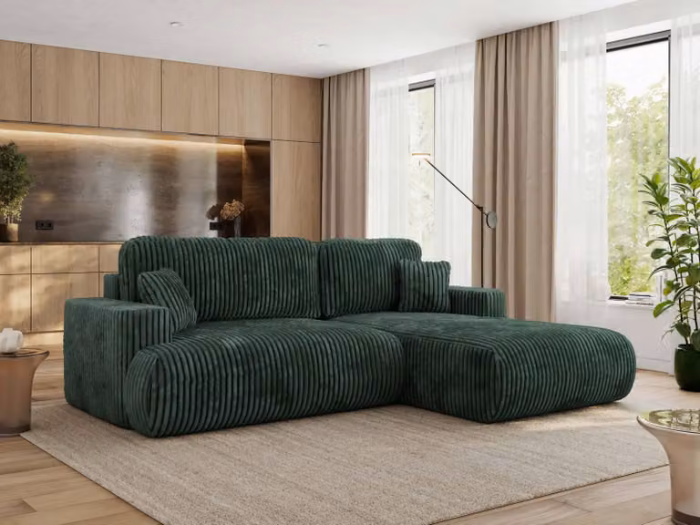 MKS MEBLE divano angolare OVO con funzione letto e box letto, velluto a coste verde, divano a L, divano angolare a 4 posti, 271x195x95 cm - lato destro