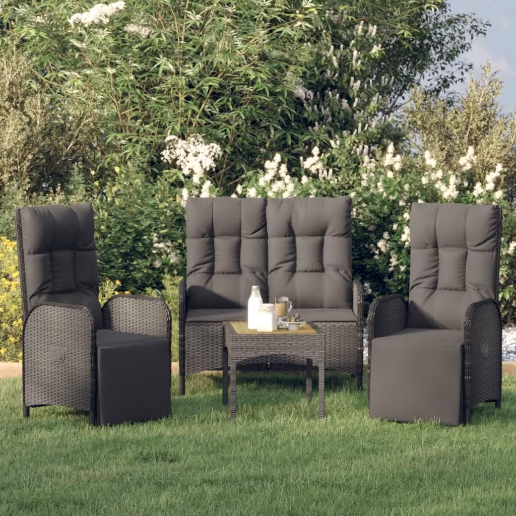 Set da pranzo da giardino vidaXL in polyrattan nero con cuscini e tavolo in vetro