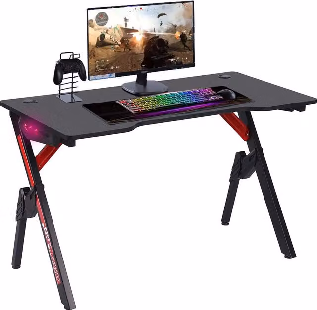 Scrivania Gaming GIORDANOSHOP Moderna con Luci LED RGB e Tappetino Mouse Pad, L: 120 cm, P: 73 cm, H: 60 cm, Colore Nero e Rosso