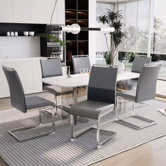 Sedia da pranzo moderna WISHDOR in metallo con rivestimento grigio in ecopelle e tessuto e seduta imbottita