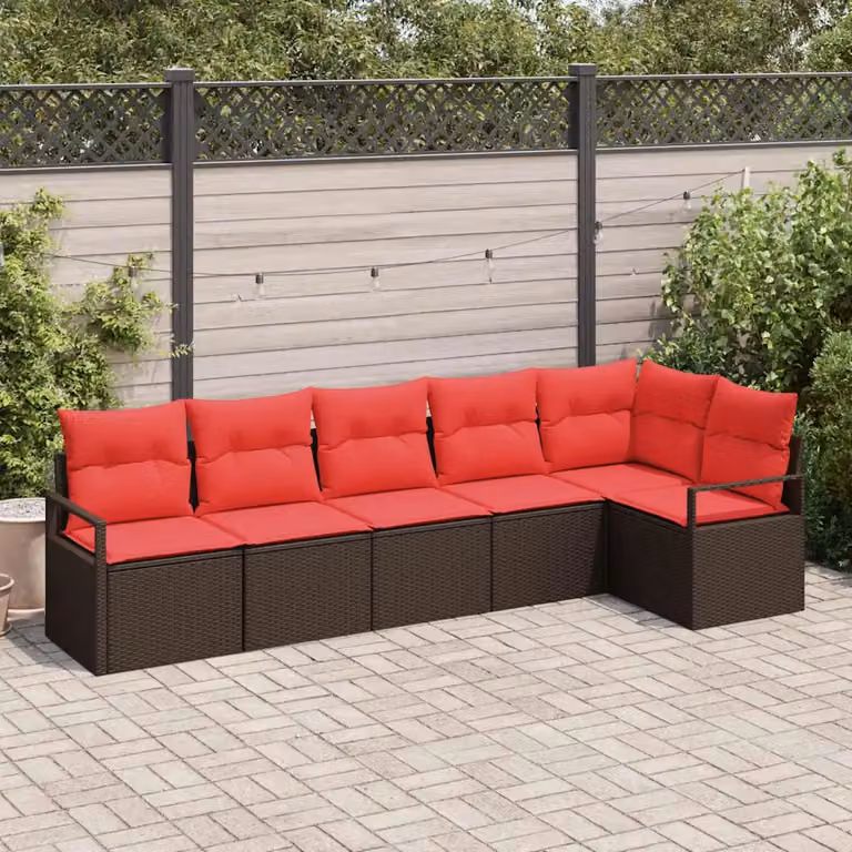 Set Divano da Giardino vidaXL a Forma di L in Polyrattan con Cuscini, Marrone e Rosso