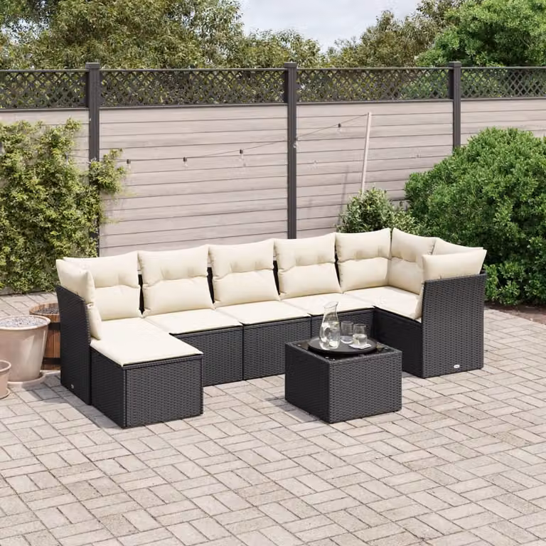 Set Divani da Giardino vidaXL a Forma a L con Cuscini e Tavolino, 8 Pezzi, Nero e Bianco in Polyrattan con Struttura in Acciaio