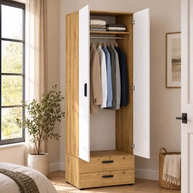 Armadio Camera da Letto Buriasco, Guardaroba 2 Ante un Ripiano, 74x214h cm Marrone Rovere Nodi