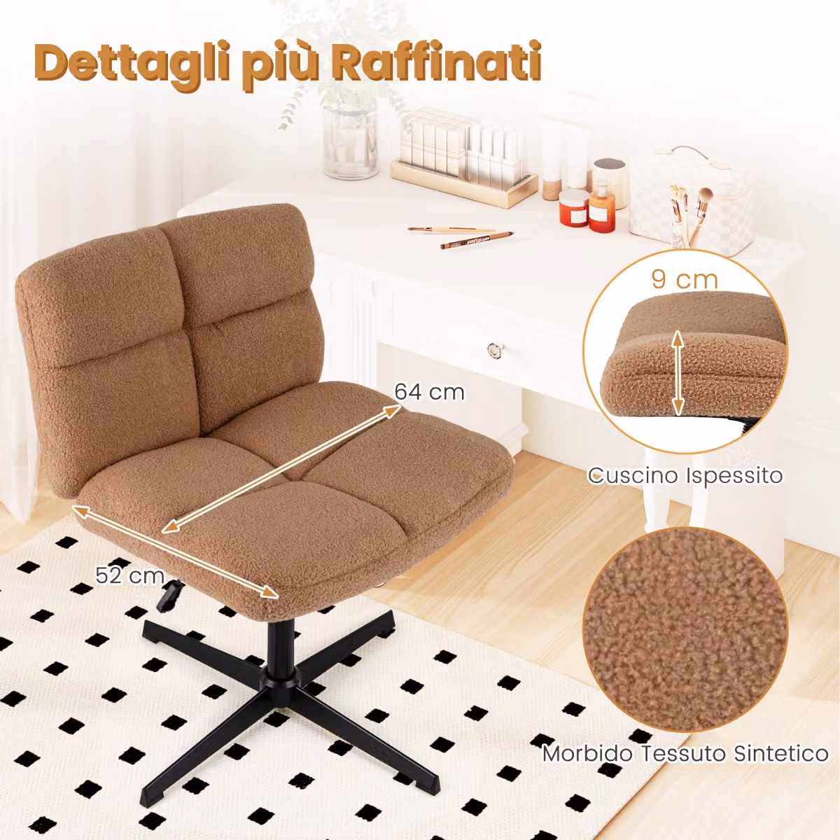 Sedia da ufficio Costway moderna in tessuto bouclé marrone con rotazione a 360 gradi e seduta imbottita per studio o home office
