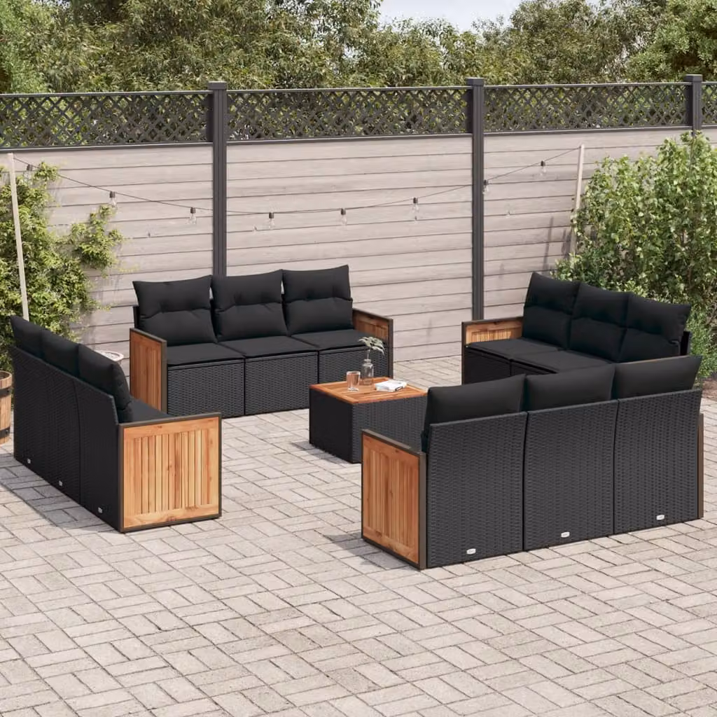 Set di Divani da Giardino vidaXL 13pz in Polyrattan Nero con Cuscini e Tavolino da Esterno – 1