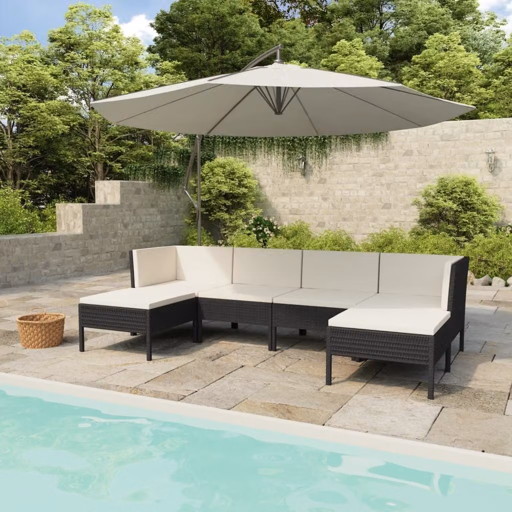 The Living Store Set da giardino da 6 pezzi con cuscini in poly rattan nero