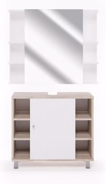 Set mobili bagno Vicco Fynn in finitura Sonoma, composto da mobile lavabo e pensile specchio, colore beige e bianco