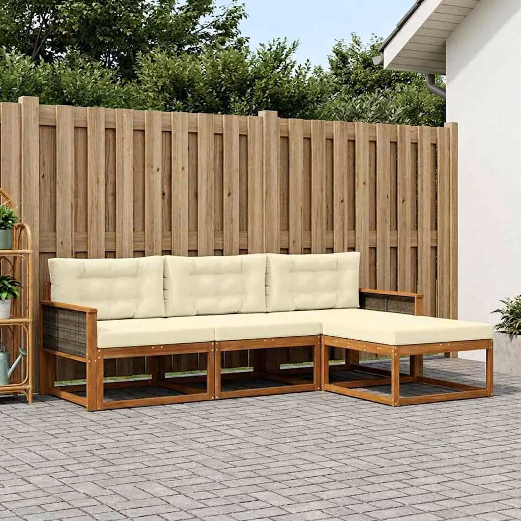 Set di divani da esterno vidaXL a forma di L in legno di acacia con pouf e cuscini, colore marrone e beige