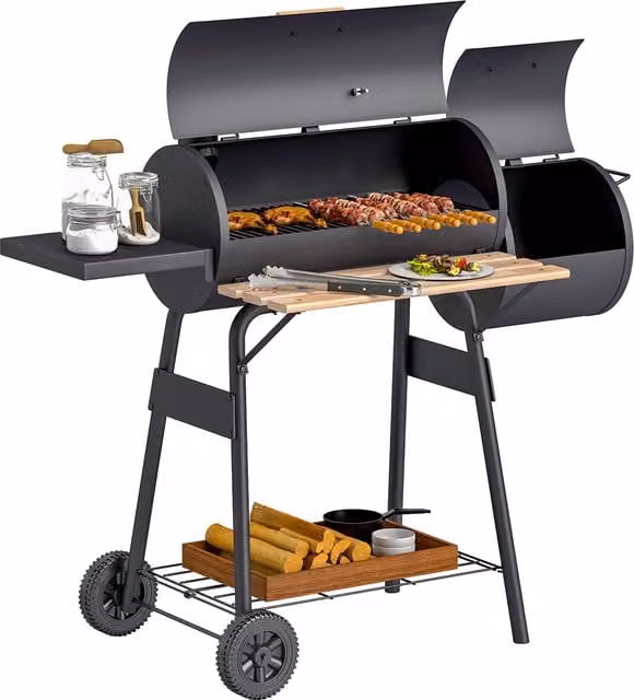 Barbecue da giardino a carbone Outsunny con coperchio, ripiani, ruote e termometro, Nero, L 124 x P 53 x H 104 cm – 1