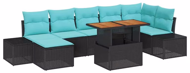 Set da giardino composto da 8 pezzi, colore nero, realizzato in rattan sintetico