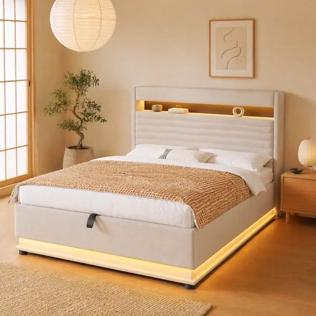 Letto imbottito MODFU con contenitore e illuminazione LED, ricarica USB Type-C e mensola integrata, lino beige, L/P: 140 x 200 cm