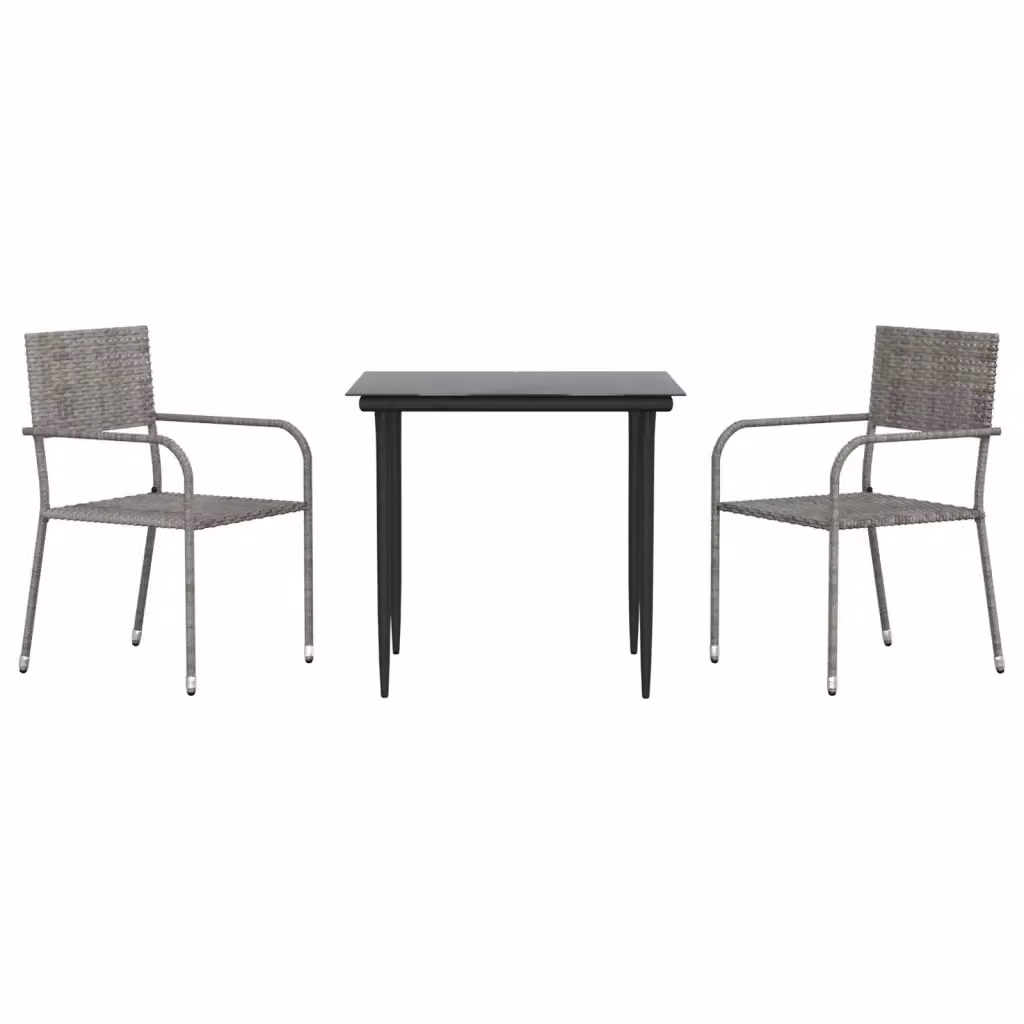 Set da pranzo da giardino VIDAXL in polyrattan e metallo con piano in vetro, 3 pezzi, Nero e Grigio – 2