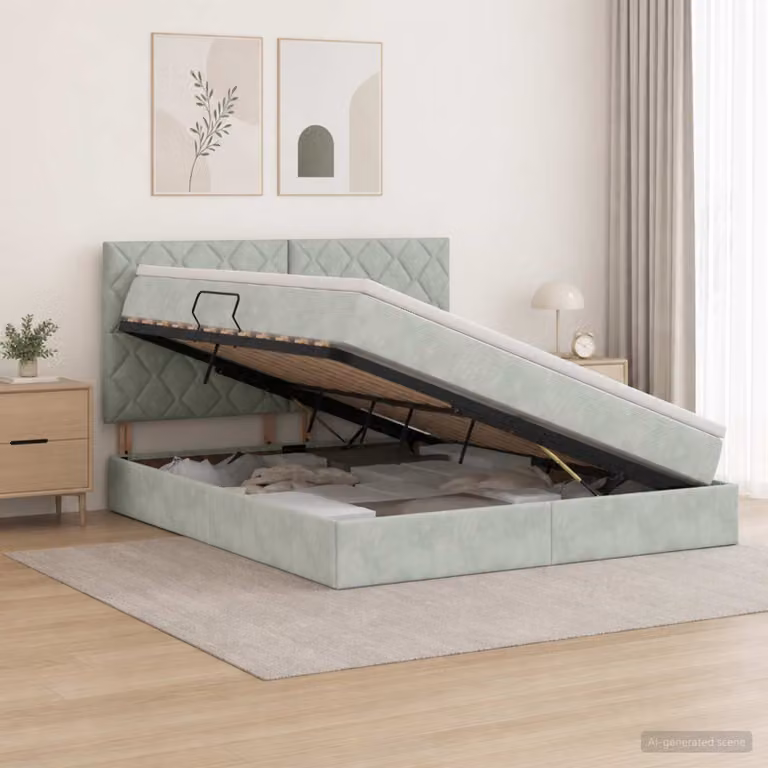 Letto moderno vidaXL con contenitore e materasso in tessuto grigio con illuminazione sottostante e porta USB L/P/H: 160 x 200 x 140 cm