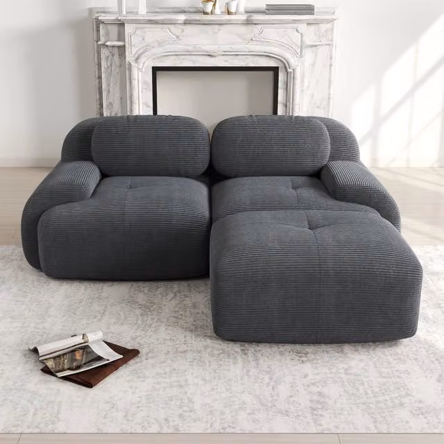 Divano Angolare Modulare in Velluto ¨C MINIMAL ¨C Grigio, Braccioli Curvi, Senza Montaggio