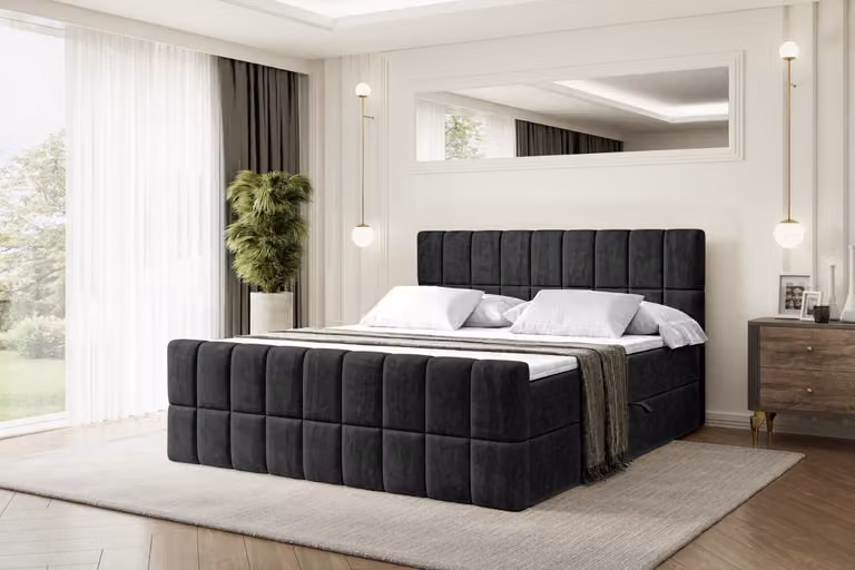 Letto boxspring ALTDECOR con pediera, materasso H3 e topper - 180x200 cm - MIAMI-Z - Velluto nero - Letto imbottito con contenitore e rete a doghe, letto con spazio contenitivo