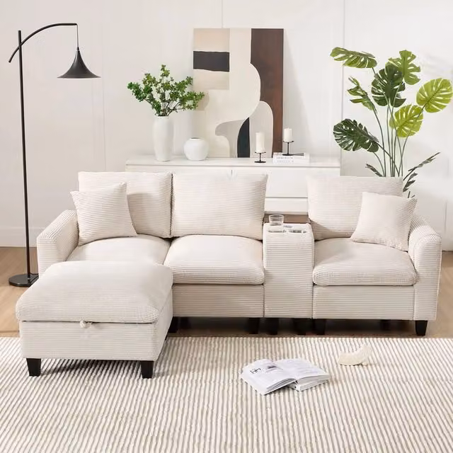 Divano angolare a L - Xylo - Velluto, console con USB, ripostiglio, beige