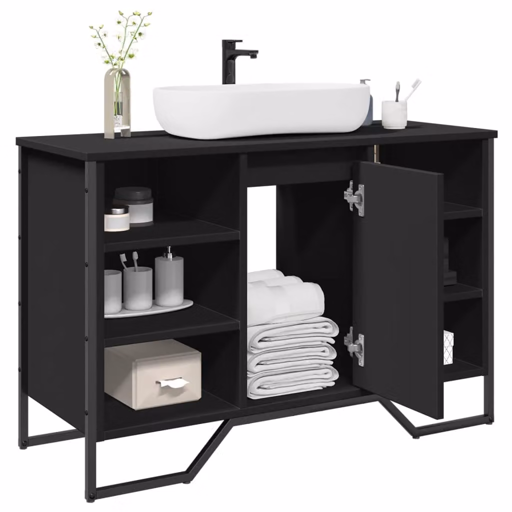 Lavabo da bagno moderno vidaXL nero con ante a cerniera e ripiani interni L: 91 cm, P: 35 cm, H: 60 cm