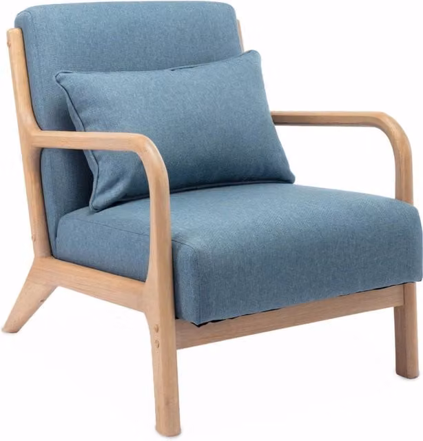 Poltrona scandinava in legno e tessuto con braccioli, blu