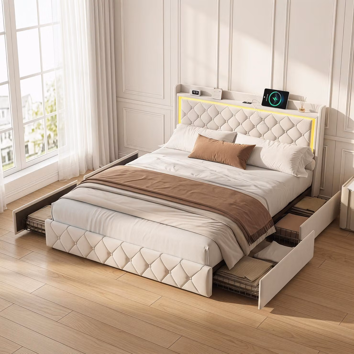 Letto imbottito INONEFT, 140 x 190 cm, letto matrimoniale con rete a doghe e 4 cassetti, letto per ragazzi con LED e USB, letto per adulti, in velluto, color beige, senza materasso