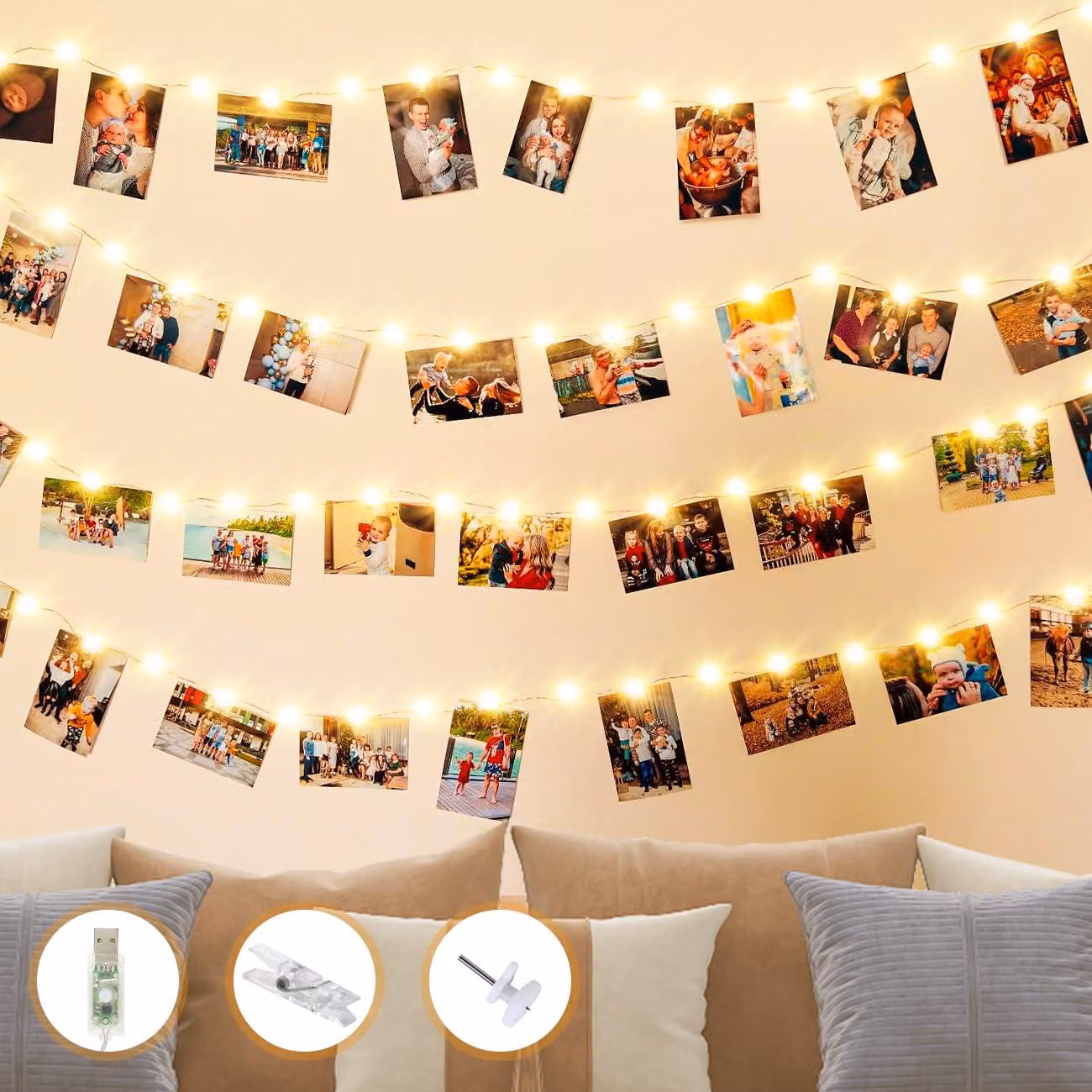 Catena luminosa con foto, 12 metri, 120 LED bianco caldo, 60 clip, alimentazione USB, regolabile