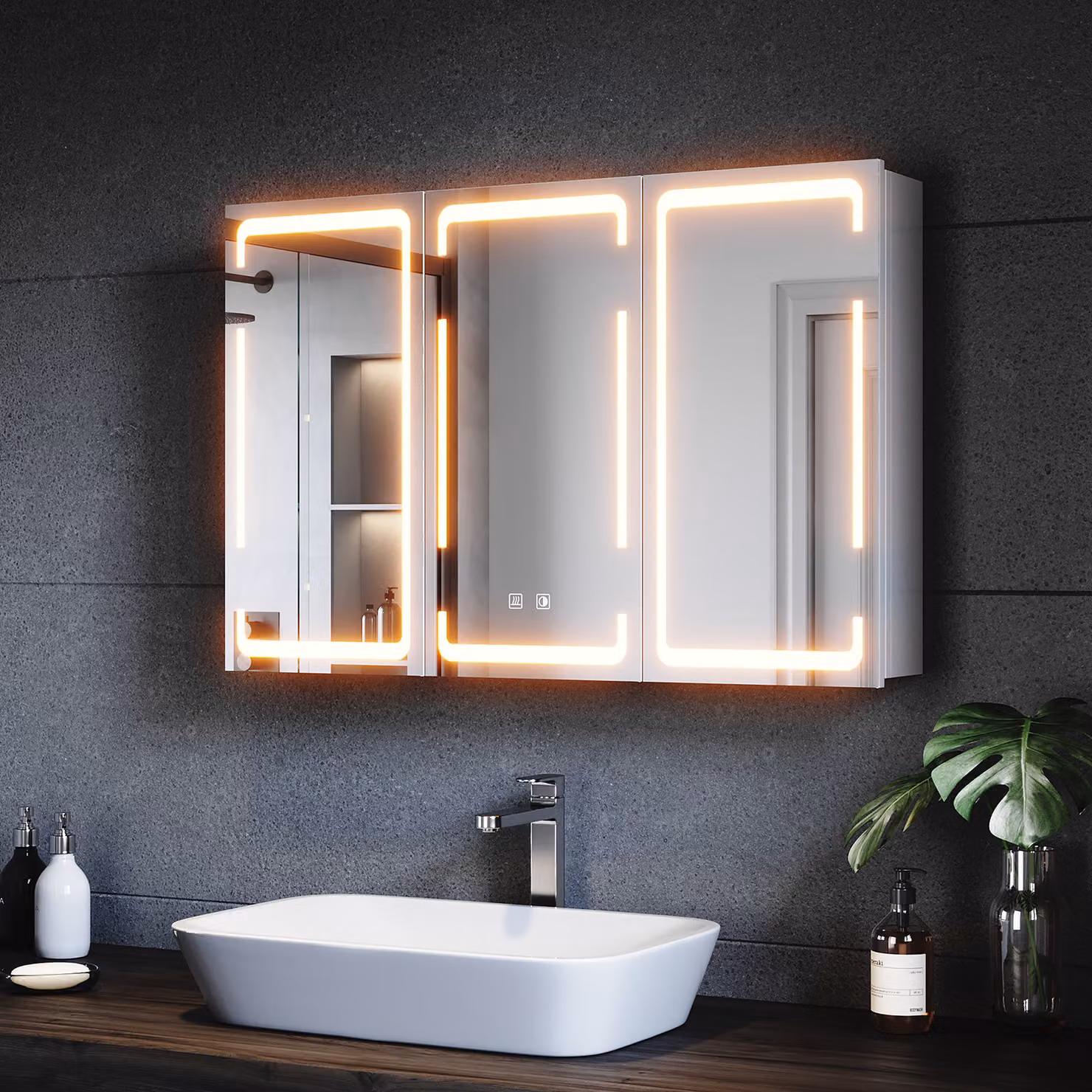 Armadio a specchio in metallo SONNI con illuminazione a LED a 3 colori 90x60x14 cm, interruttore dual-touch dimmerabile, 3 ante, pensile con cerniera wireless