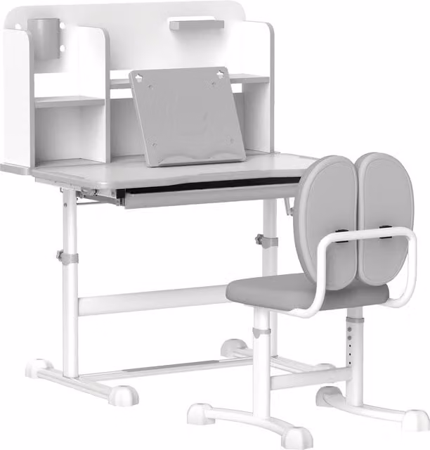 Set Tavolo e Sedia Ergonomico AIYAPLAY per Bambini 6-12 Anni con Altezza Regolabile e Piano Inclinabile, Grigio e Bianco – 1