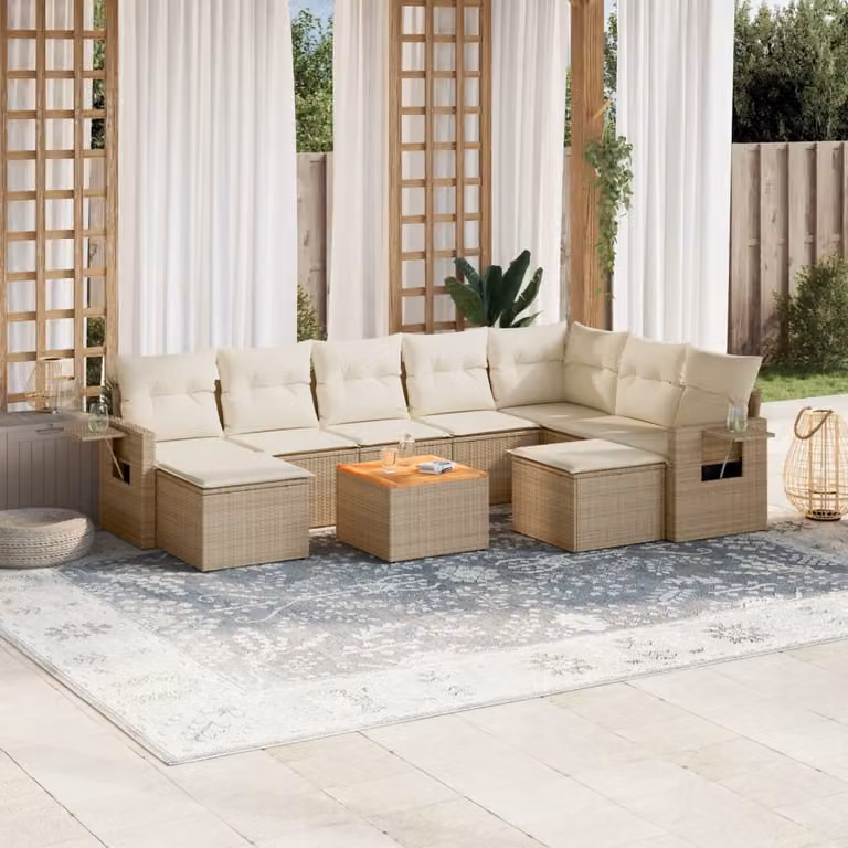 Set Divano da Giardino vidaXL 10 pz in Polyrattan con Cuscini Beige e Tavolino da Esterno