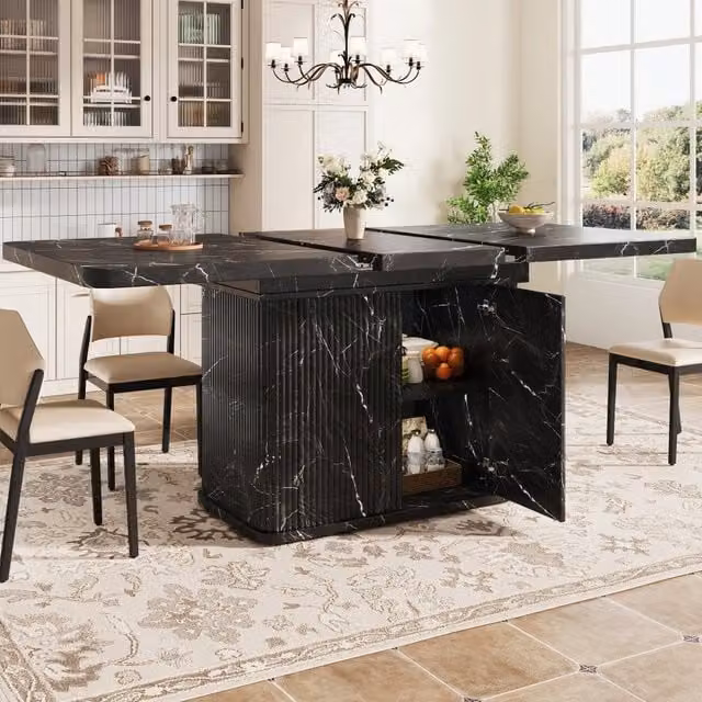 Tavolo da pranzo allungabile con vano contenitore; piano da 140 a 180 cm; MDF e metallo nero effetto marmo