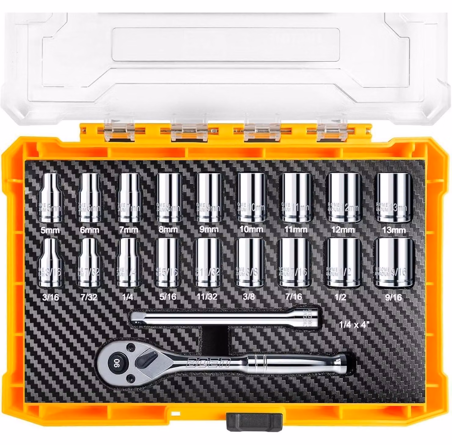 Set di chiavi a bussola da 20 pezzi, attacco 1/4", SAE e metriche, a 6 punte, con cricchetto a 90 denti, prolunga e custodia impilabile