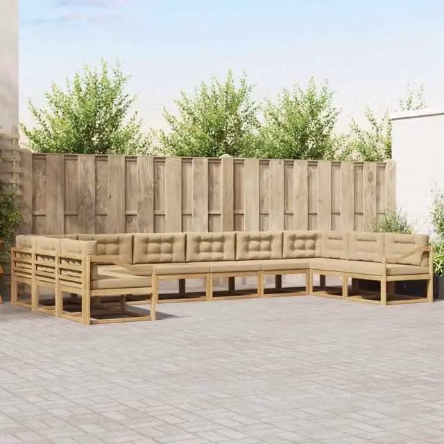 Set di divani da esterno a forma di U vidaXL in legno di acacia con cuscini Bianco e Beige – 1