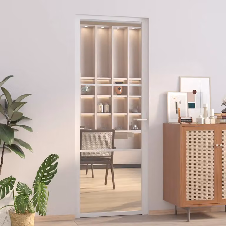 Porta interna moderna vidaXL in vetro trasparente e alluminio, Bianca, L: 76 cm, H: 201,5 cm