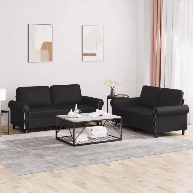 Set di 2 divani vidaXL in similpelle nera con cuscini per soggiorno in stile moderno