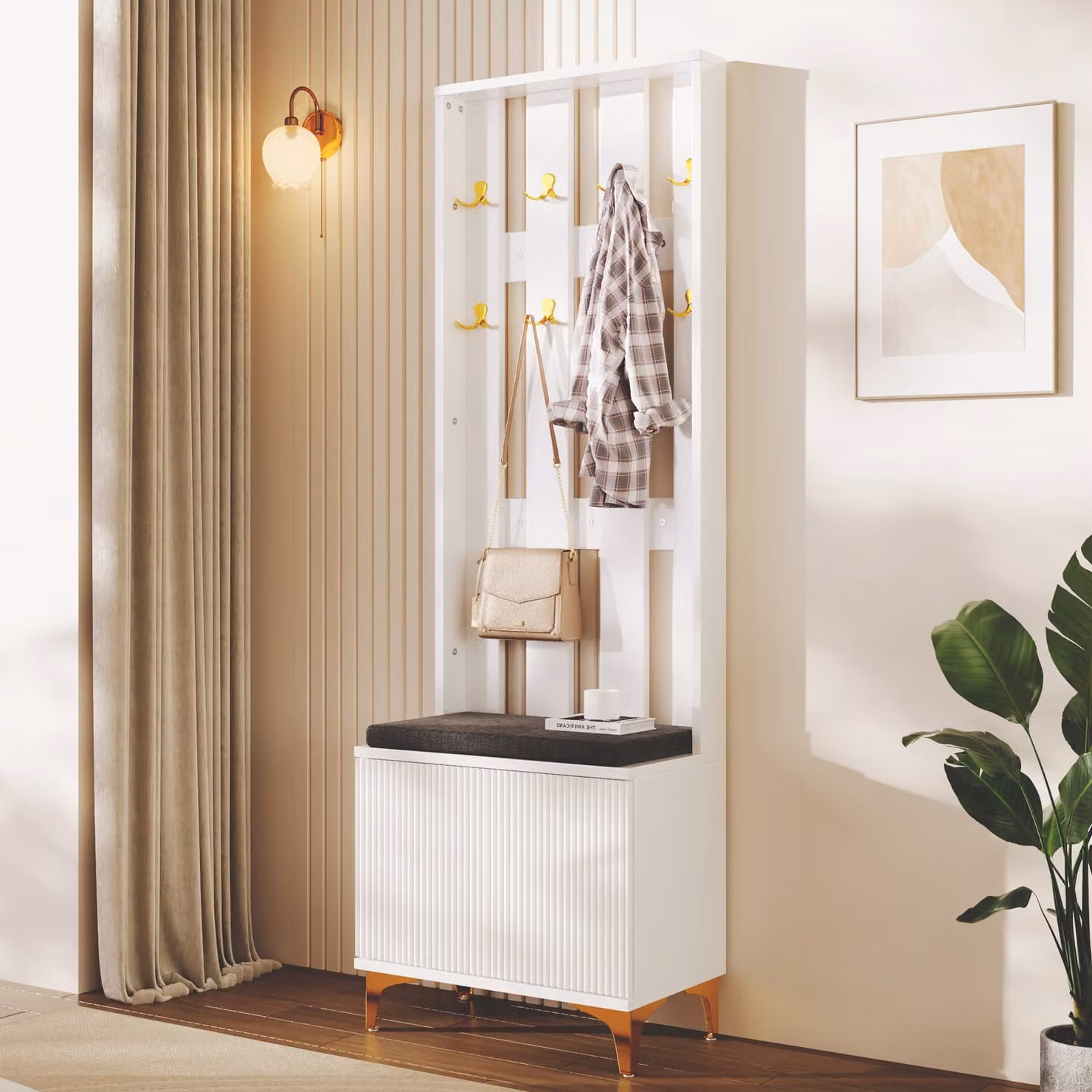 MODFU Set guardaroba armadio con panca porta scarpe e cuscini, parte frontale guardaroba armadio aperto con ganci, bianco