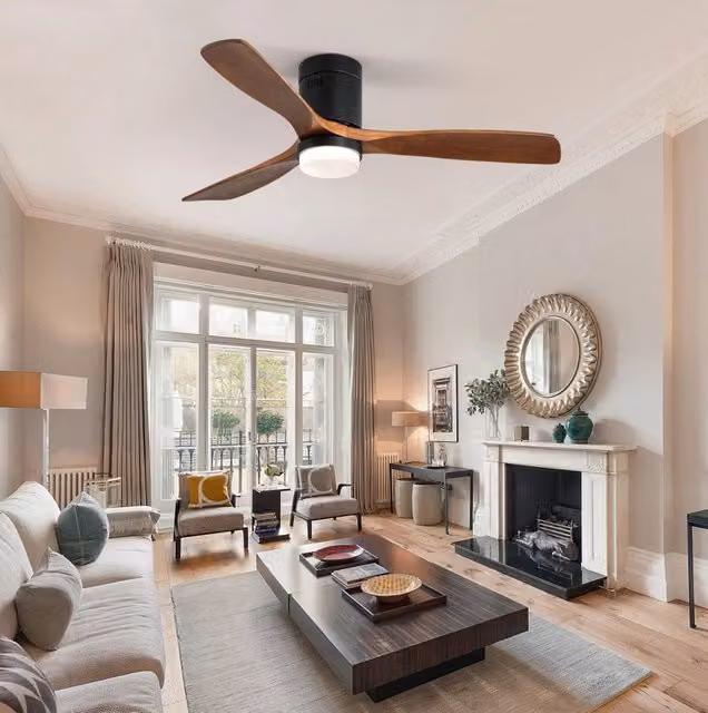 Ventilatore a soffitto Piatto 132 cm con luce LED, 3 pale in legno massello di noce, motore DC silenzioso reversibile e telecomando