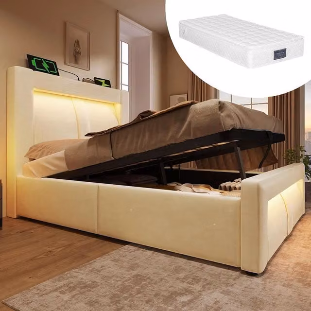 Letto-Xylo-90x200cm idraulico LED USB-C velluto testiera curva beige con materasso