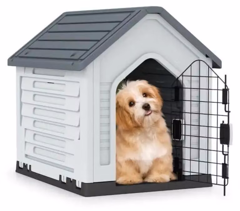 Cuccia per cani in plastica con porta in metallo