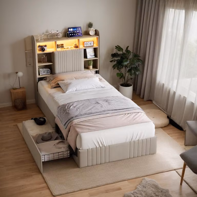 Letto matrimoniale INONEFT 90x200 con spazio contenitore, design moderno imbottito con illuminazione LED, funzione di ricarica USB, letto per giovani con 2 cassetti, tessuto in lino, senza materasso, color beige