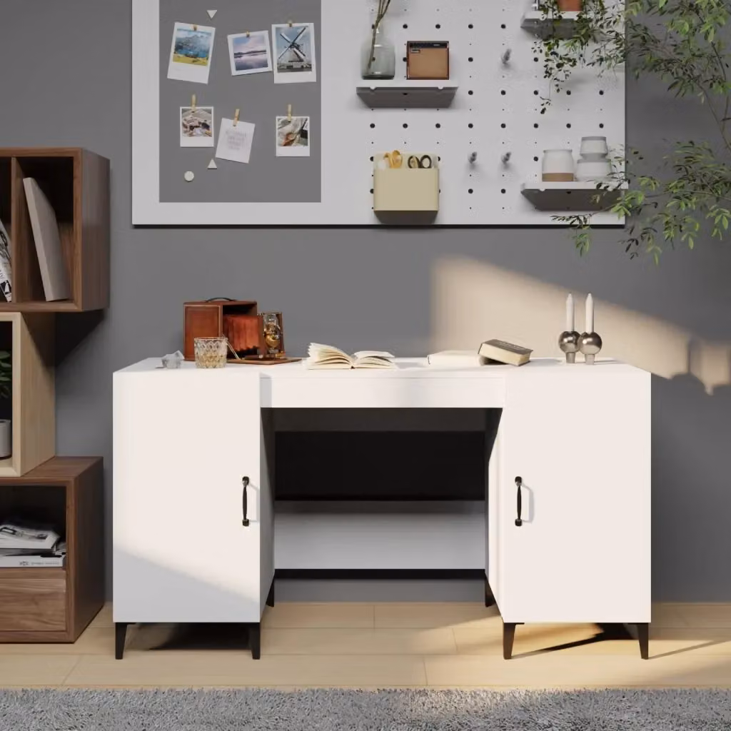 Scrivania da ufficio rettangolare bianca in legno e metallo L: 140 cm, P: 50 cm, H: 75 cm – 2