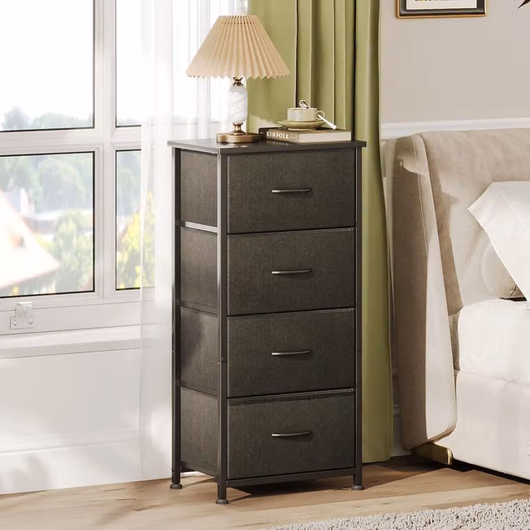 Comodino stretto, 42x30x94 cm, con 4 cassetti rivestiti in tessuto, struttura in metallo e legno, ideale per la camera da letto, colore nero