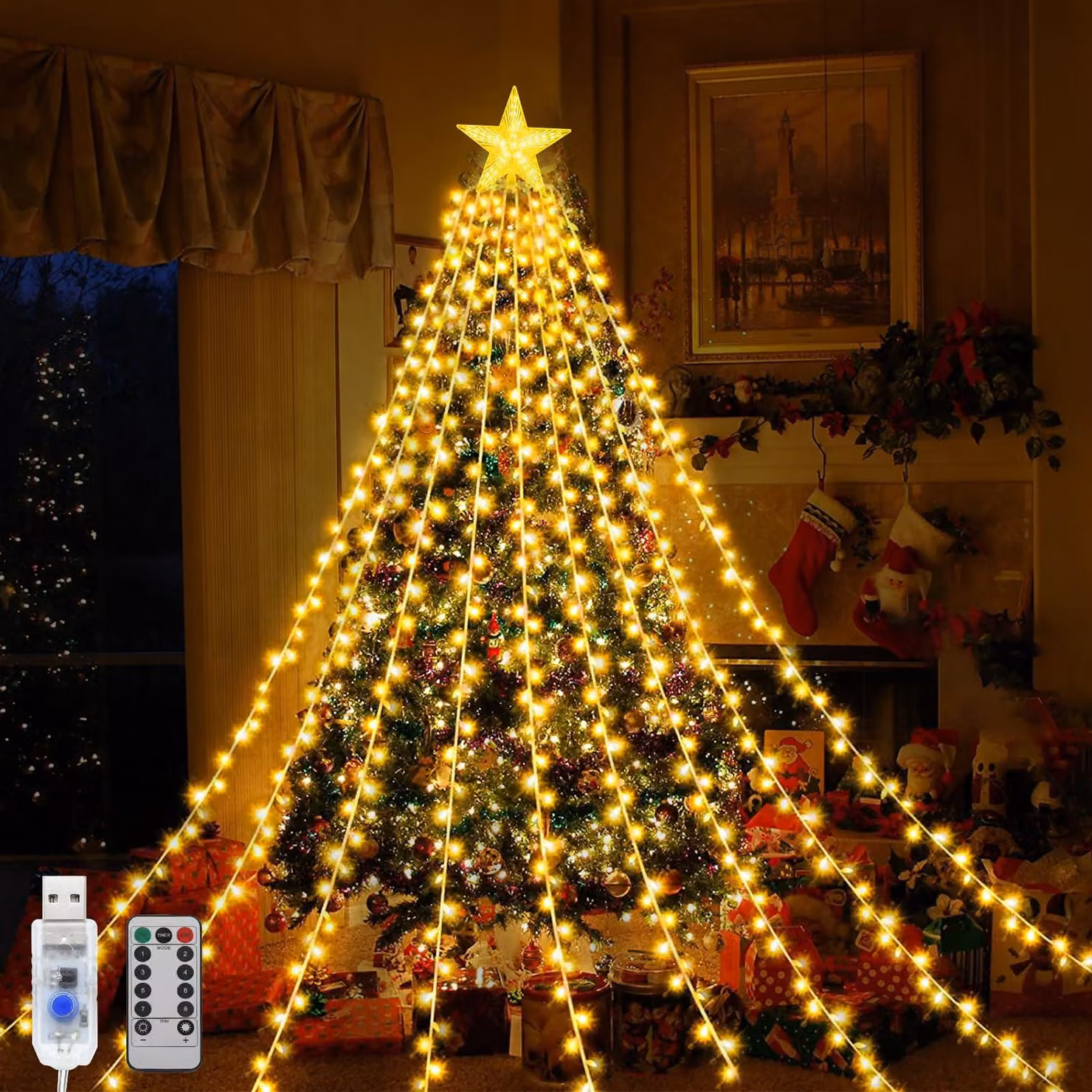 Catena luminosa a LED, 198 LED, 9 fili, 2 metri, alimentazione USB, impermeabile, con telecomando