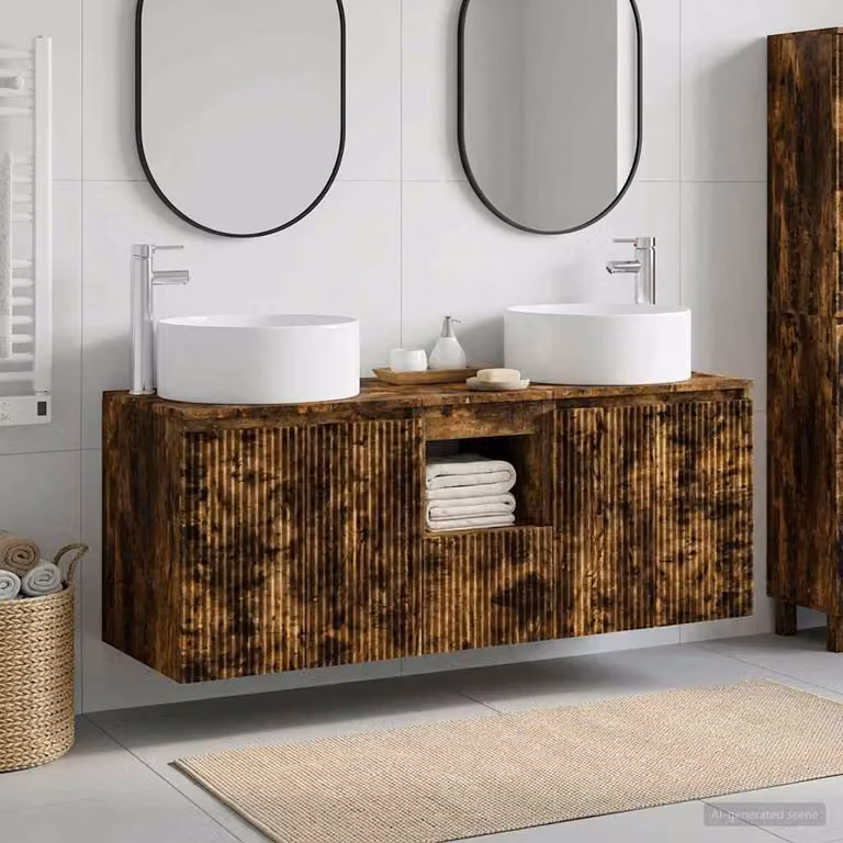 Set di 3 mobili da bagno moderni vidaXL in legno color rovere fumo, comprensivo di mobile lavabo e pensili, L/P/H: 49,5 x 44,5 x 65,5 cm